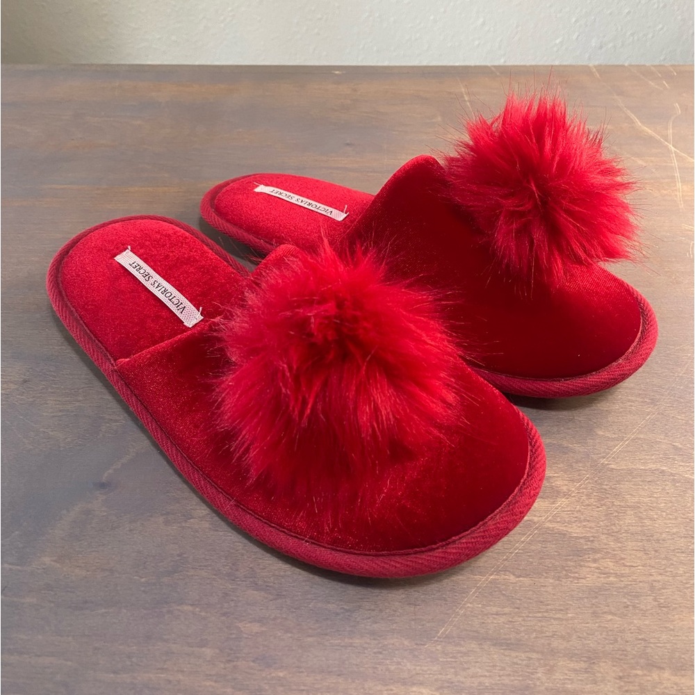 Victorias Secret red slippers with Pom poms‎